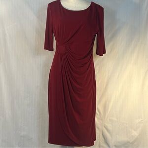 Connected Apparel Dress Burgundy Jersey Sheath Ruched Side Faux Wrap EUC 12